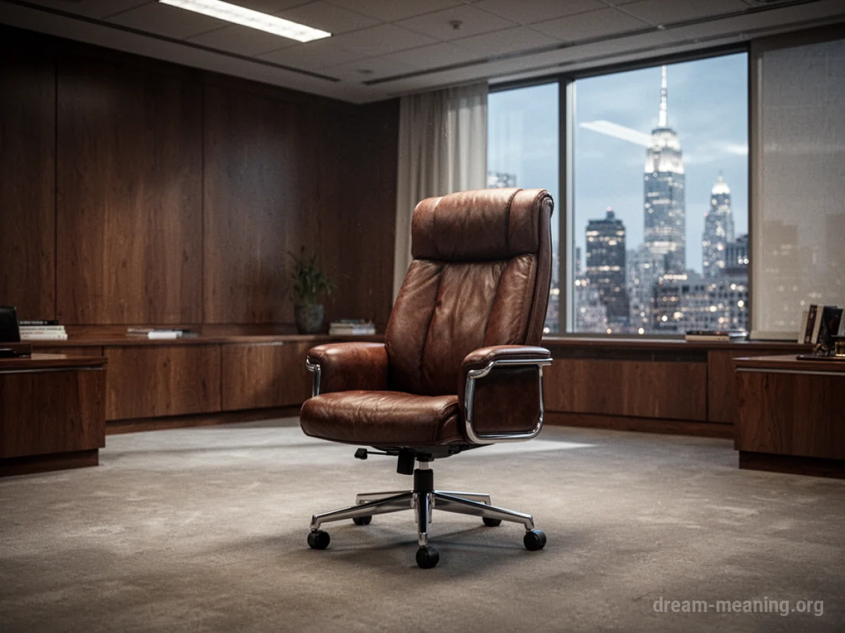 An empty executive office chair with a large window overlooking a city skyline.