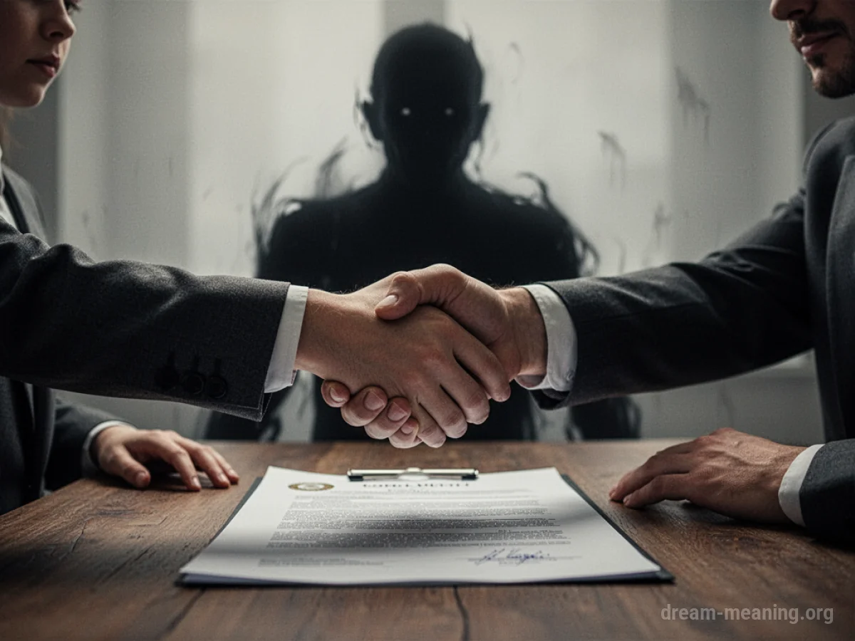 A handshake over a contract with a shadowy figure in the background.