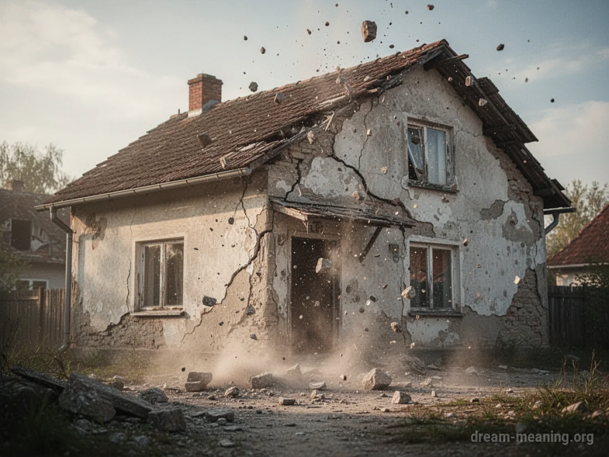 A building with large cracks on its facade and sections of the roof and walls falling.