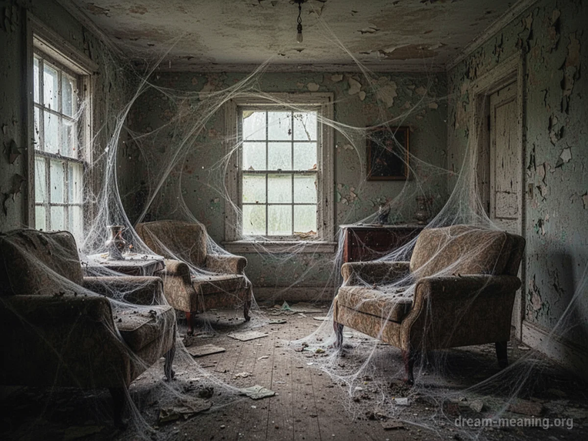 Interior of an old, dusty house covered in thick cobwebs.