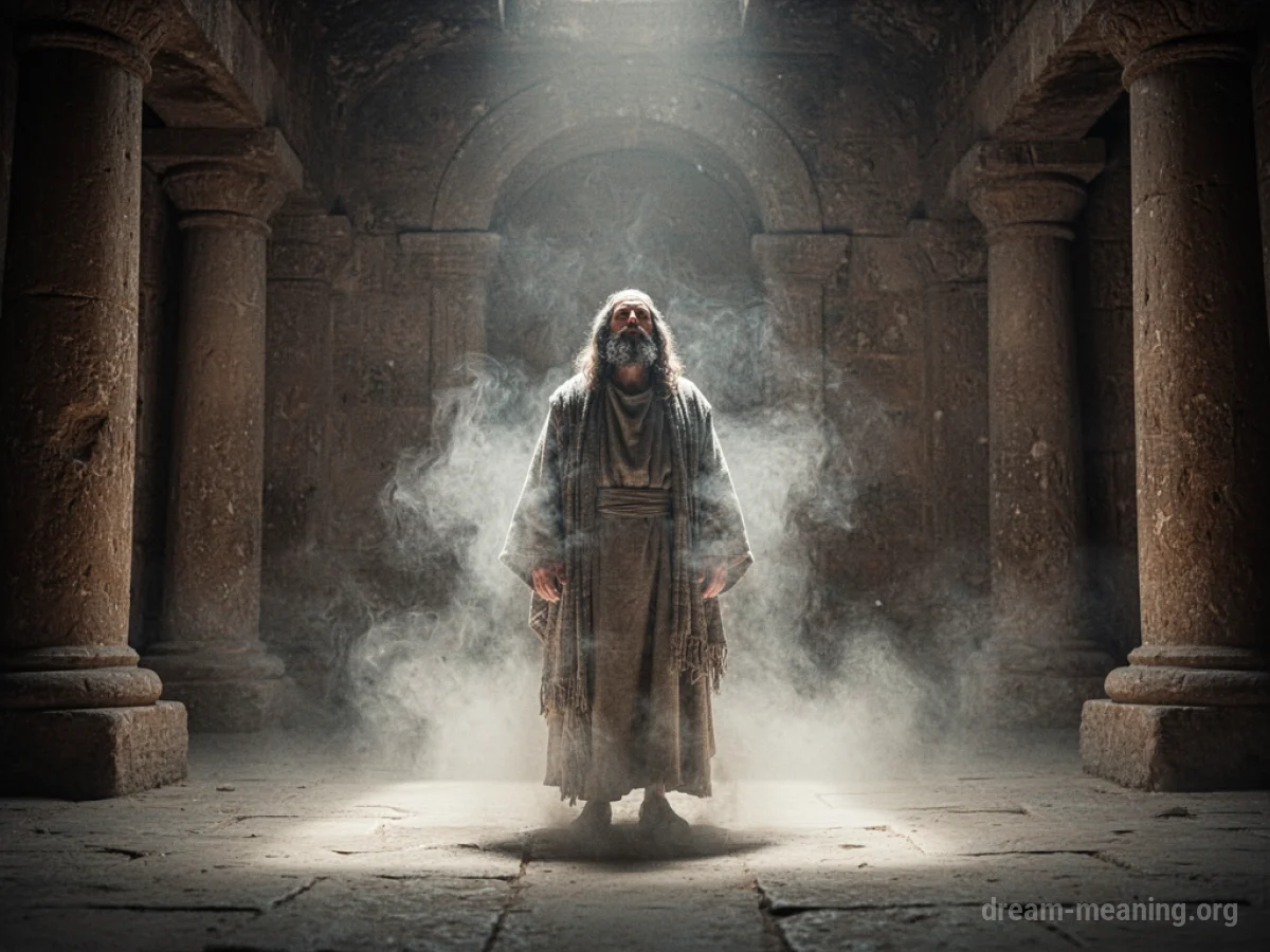A robed figure emerges from swirling mist.