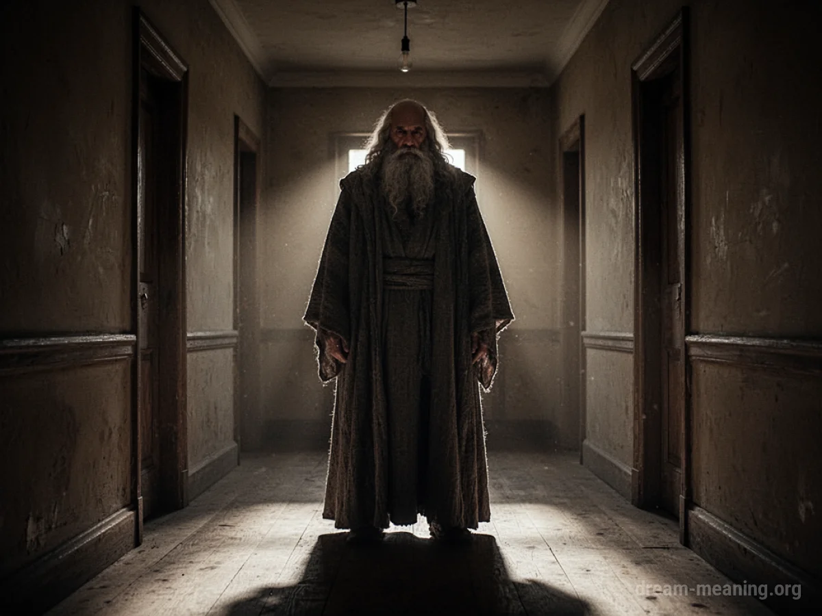 A dark, cloaked figure stands at the end of a long, shadowed corridor.
