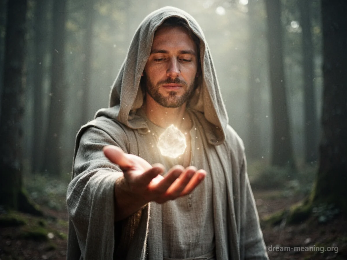 A figure in a robe holds out an object.