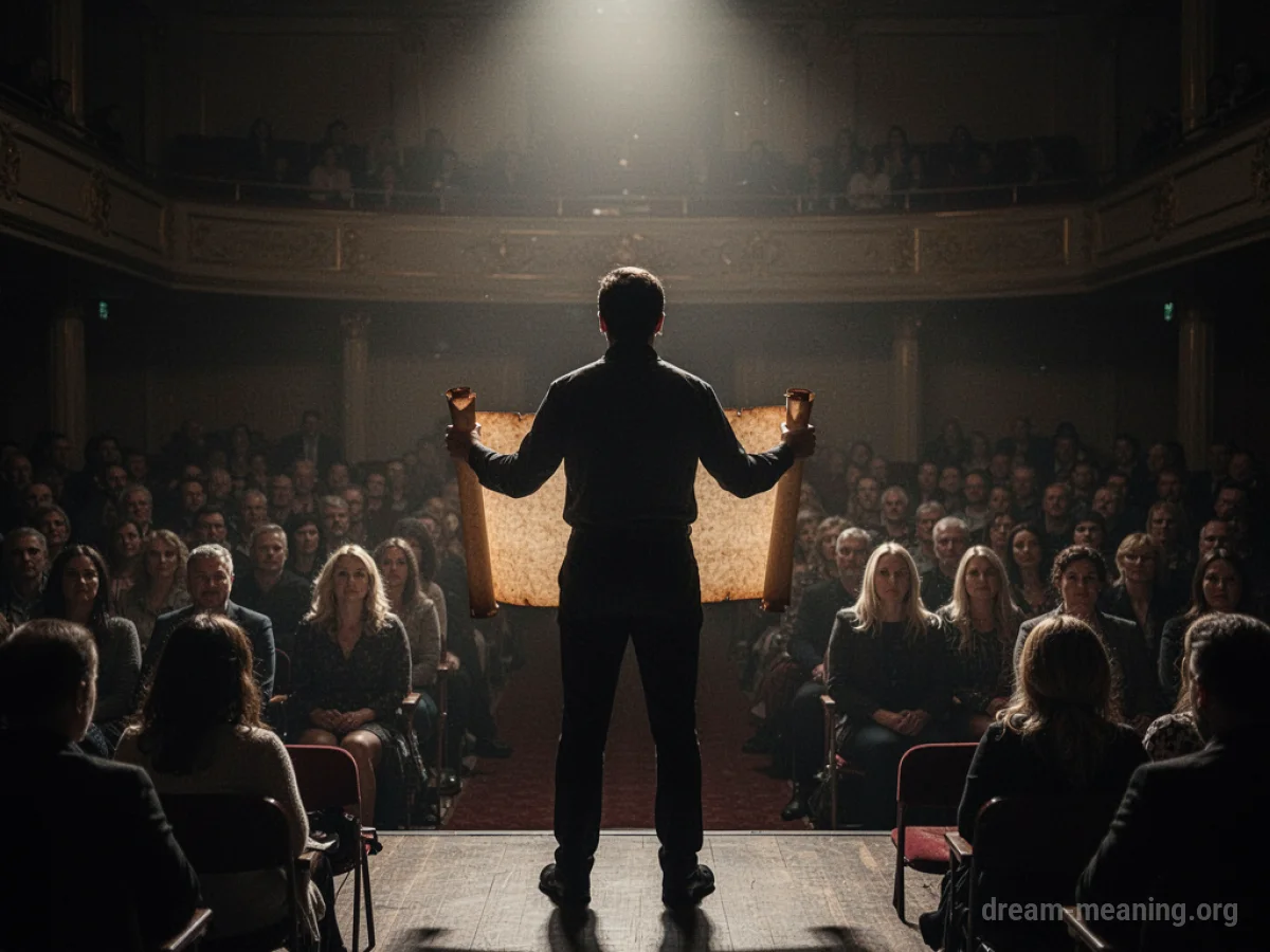 A silhouette of a person holding a scroll in front of a group of indistinct figures.