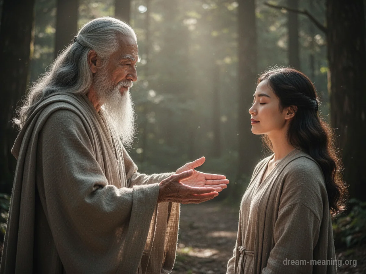 A figure in flowing robes placing hands gently on another person.