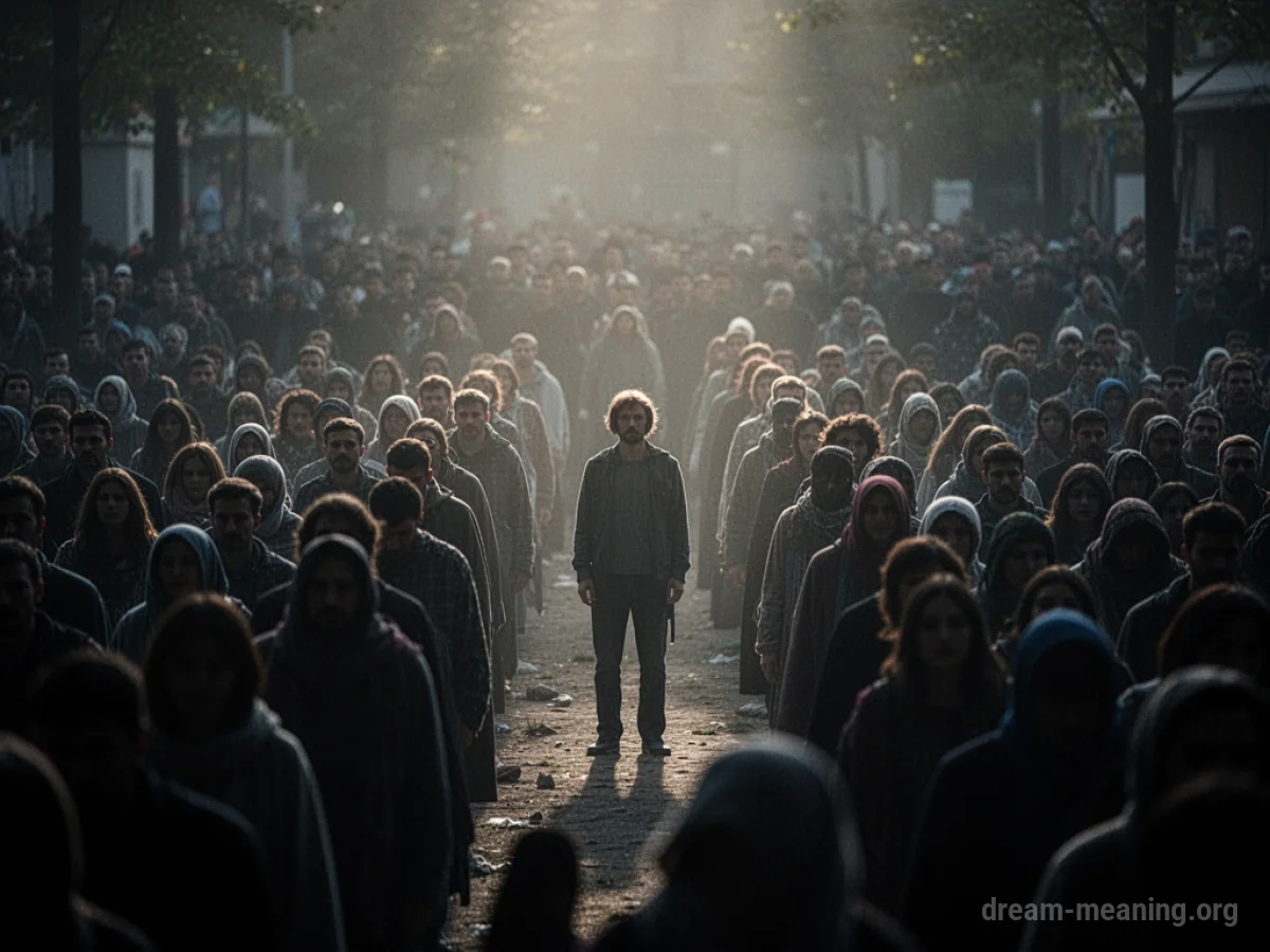 A lone, illuminated figure is seen within a shadowy, indistinct crowd.