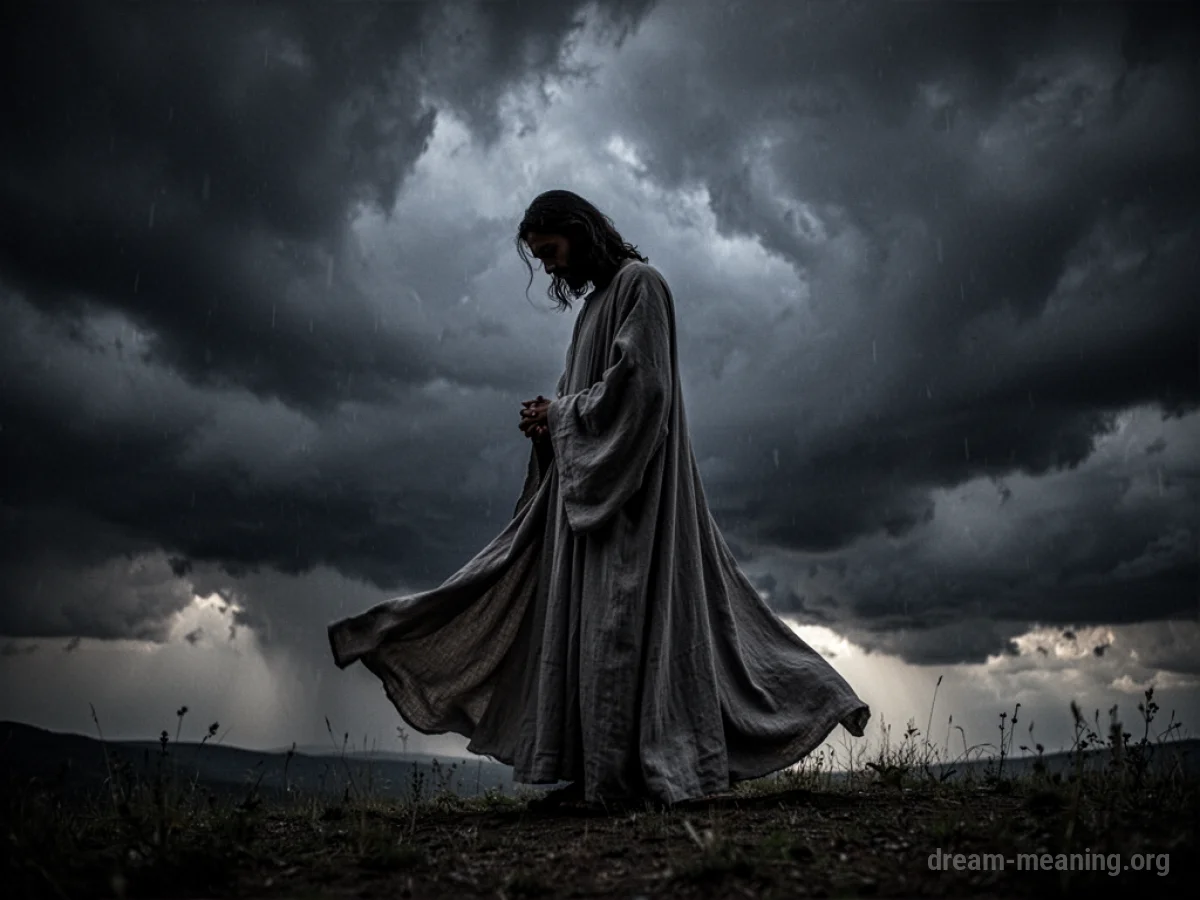 Silhouette of a figure in robes against a dark, stormy sky.