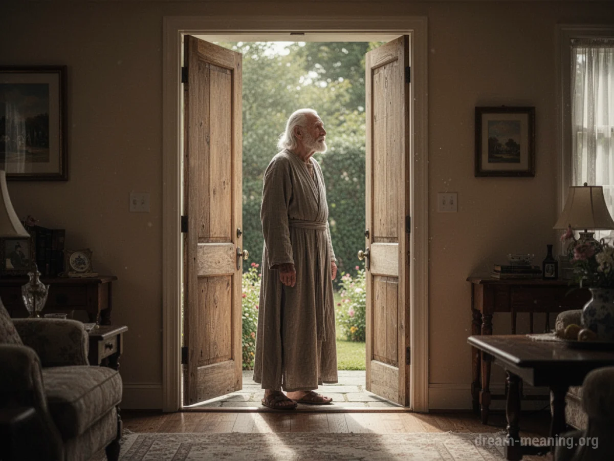 A figure resembling a prophet stands in the doorway of a house.