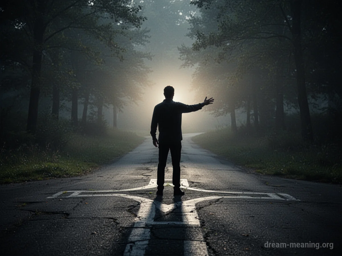 A silhouette of a person gesturing at a fork in a road with shadows.