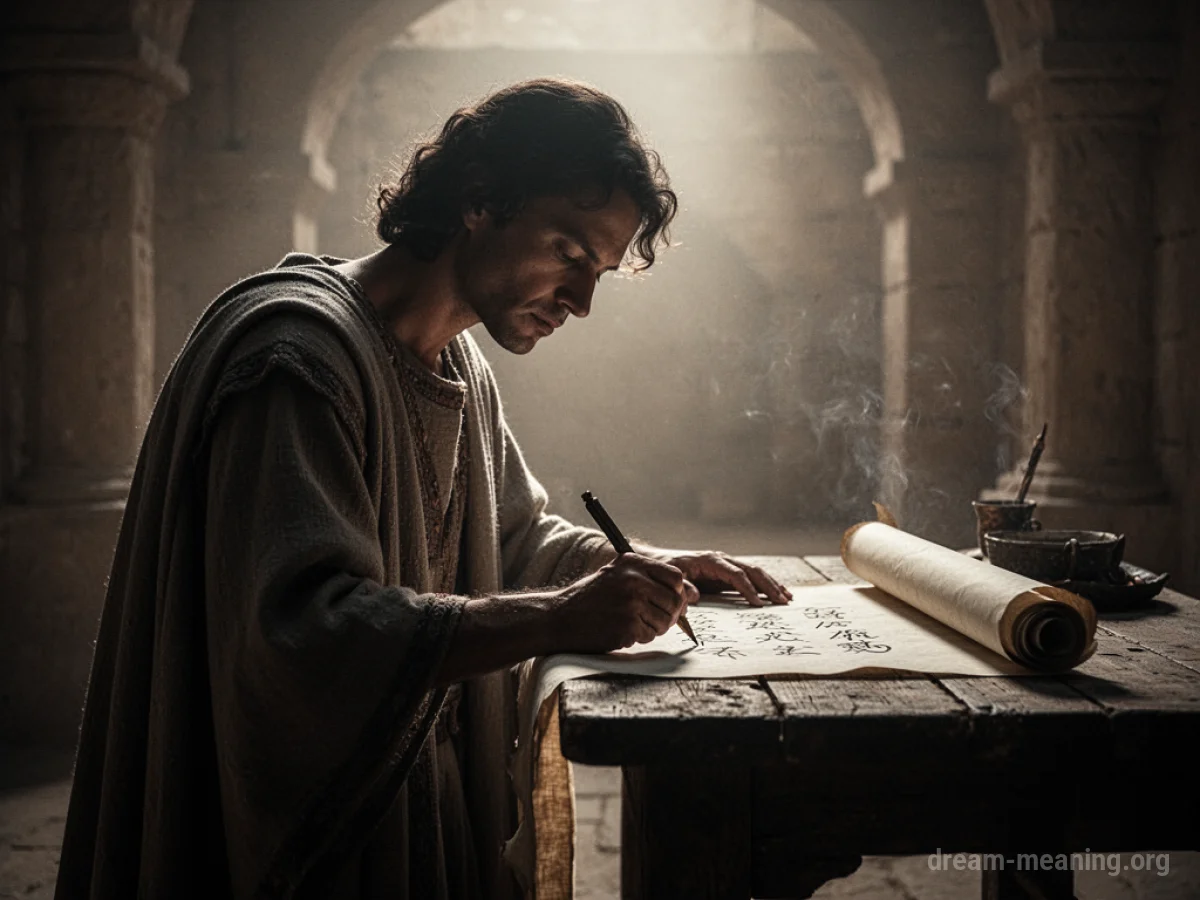 Silhouette of a person writing on a scroll under a light.