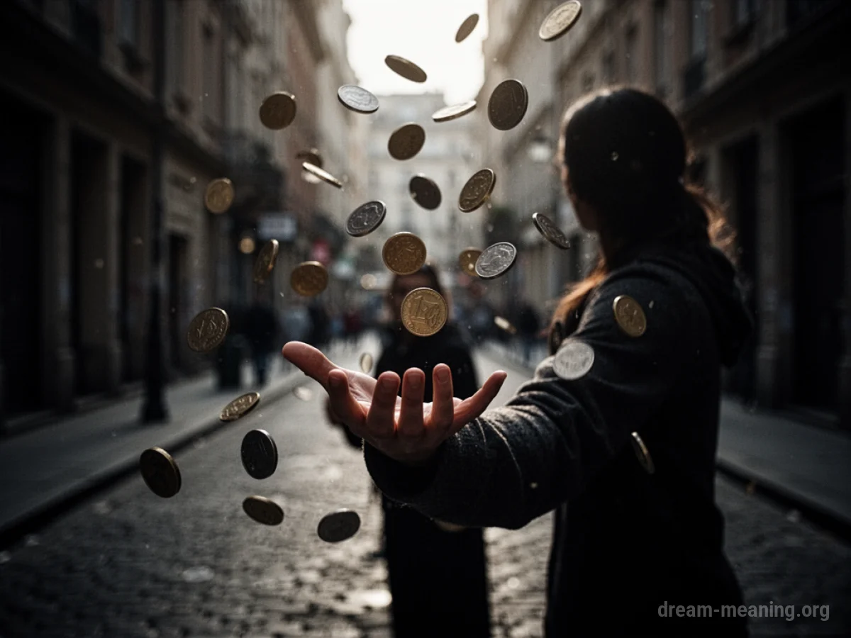 Silhouette of a hand extended, with falling abstract coins.