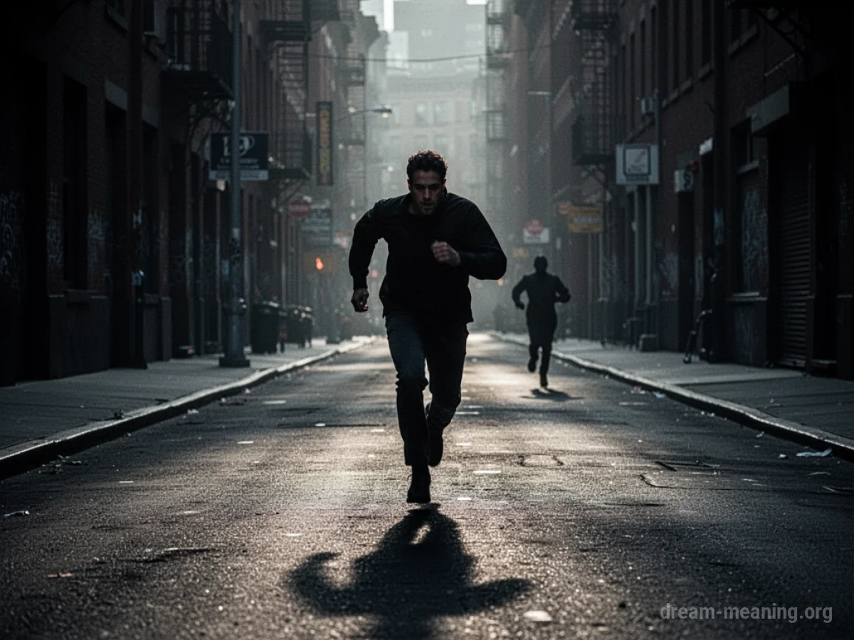 A silhouette of a person running away from another indistinct figure in a dark alley.