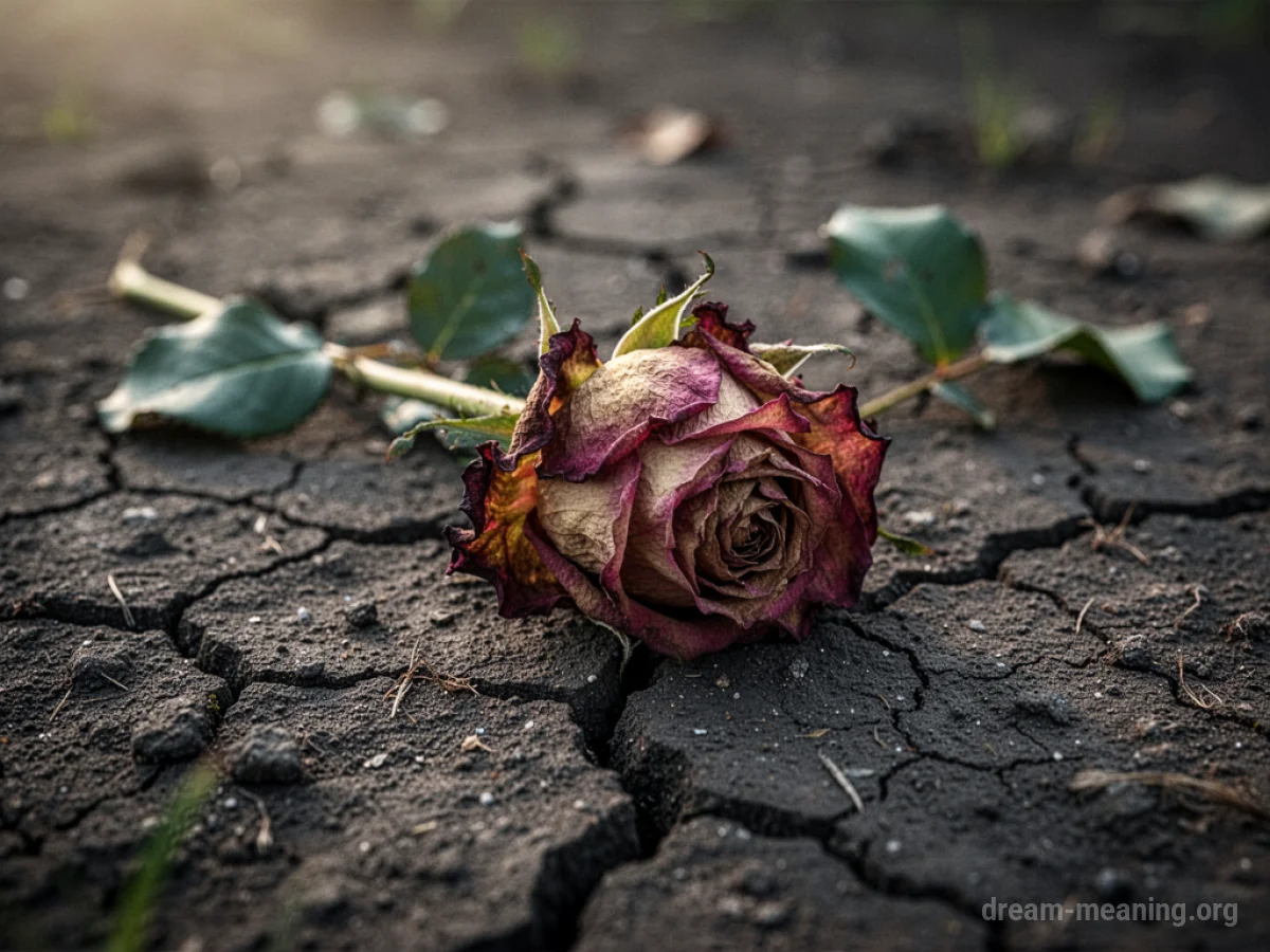 A wilting rose on dry, cracked ground.