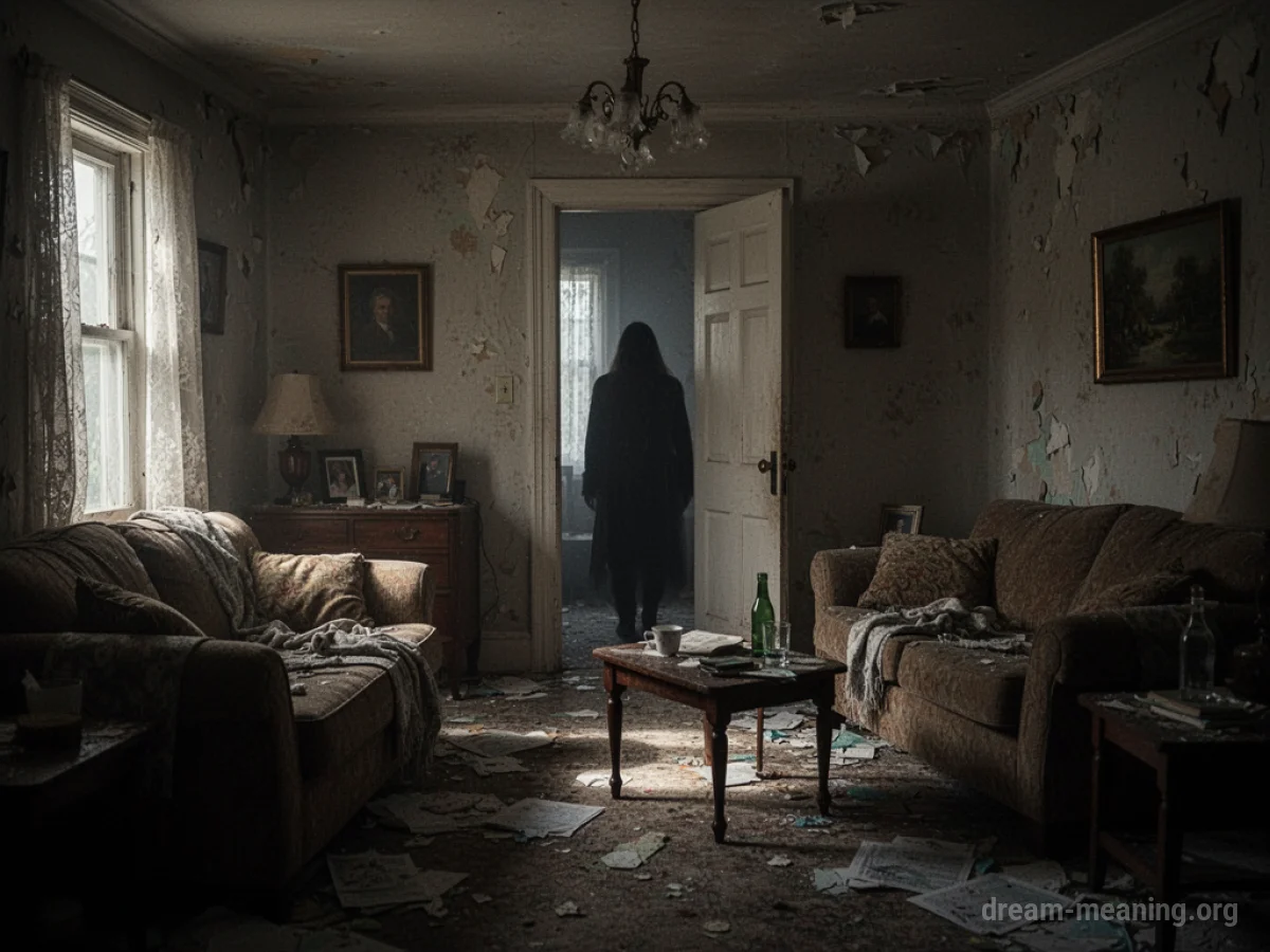 A shadowy figure stands in the doorway of a dimly lit living room.