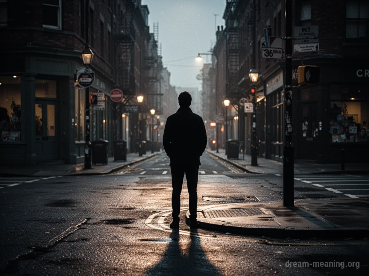 Silhouette of a person standing on a street corner at night.