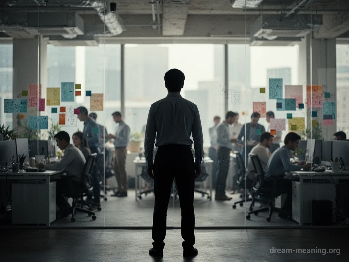 Silhouette of a person in an office setting with blurred figures.