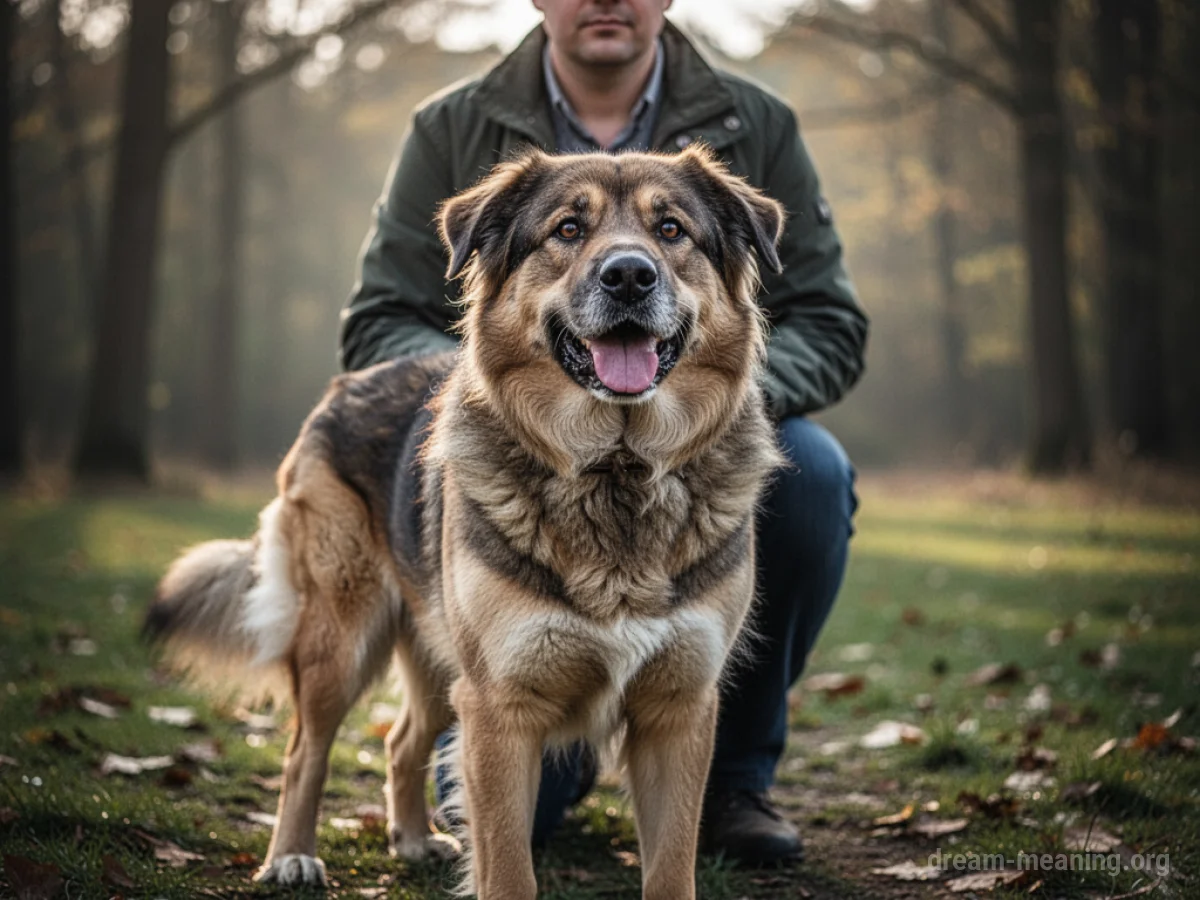 A dog stands in front of a person, alert and watchful.