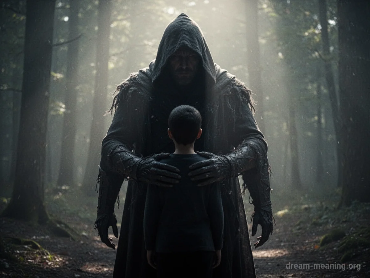 A faint outline of a person stands behind another person, appearing to shield them.