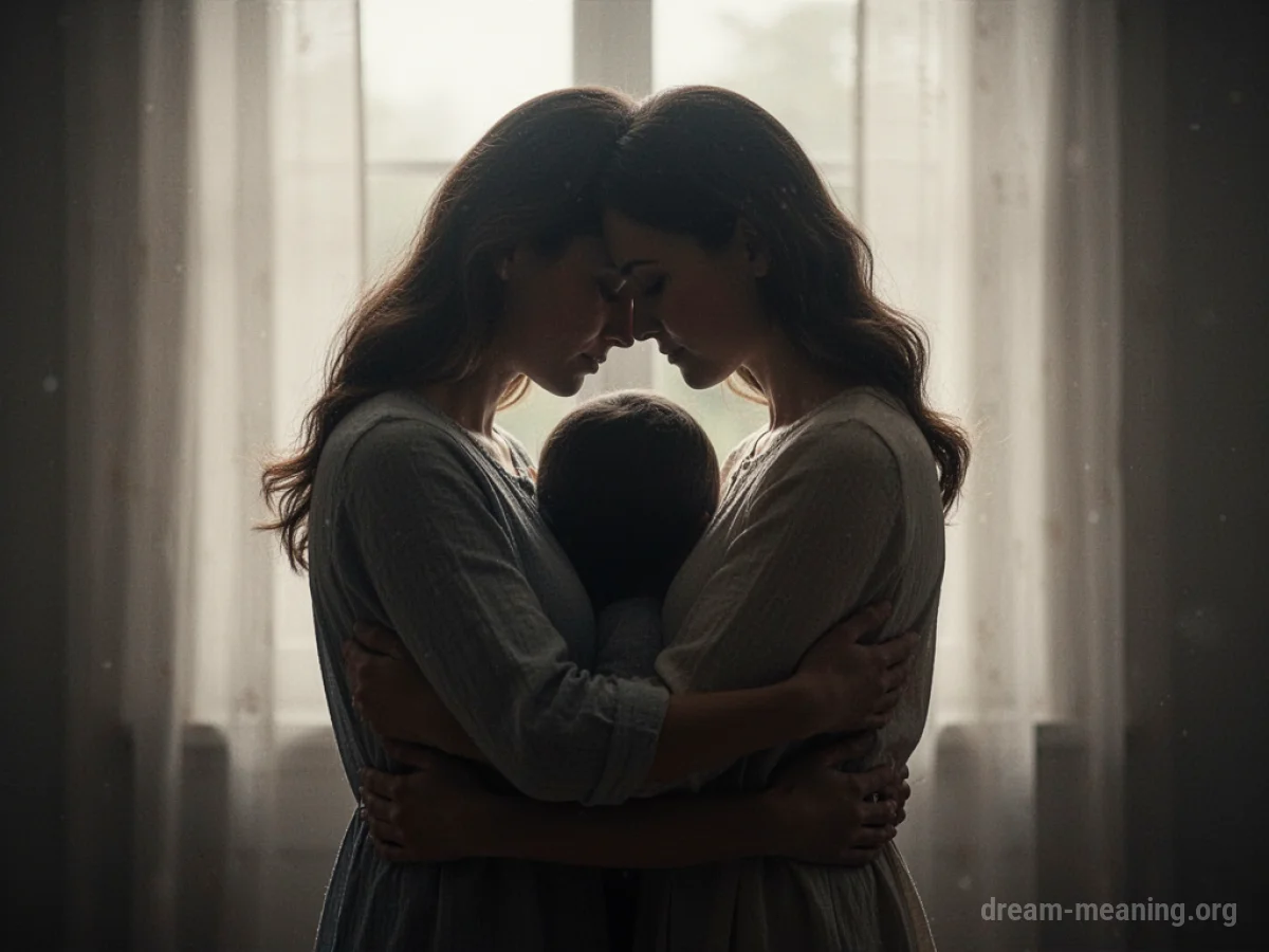 Silhouette of a mother figure embracing a smaller figure.