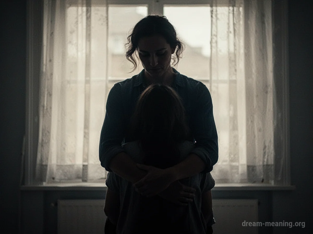 Silhouette of one person shielding another person.