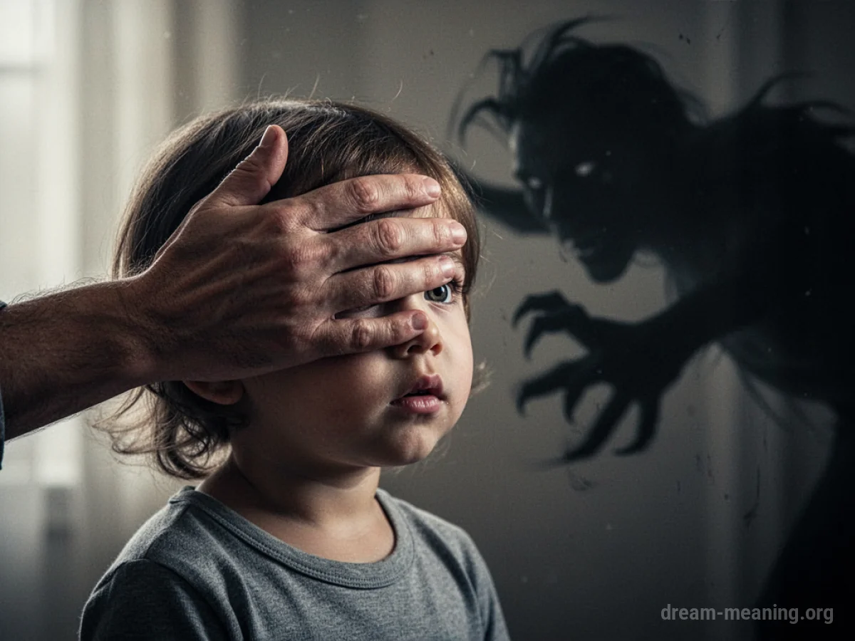 A parent's hand is held protectively over a child's head, with a blurred, dark shape behind them.