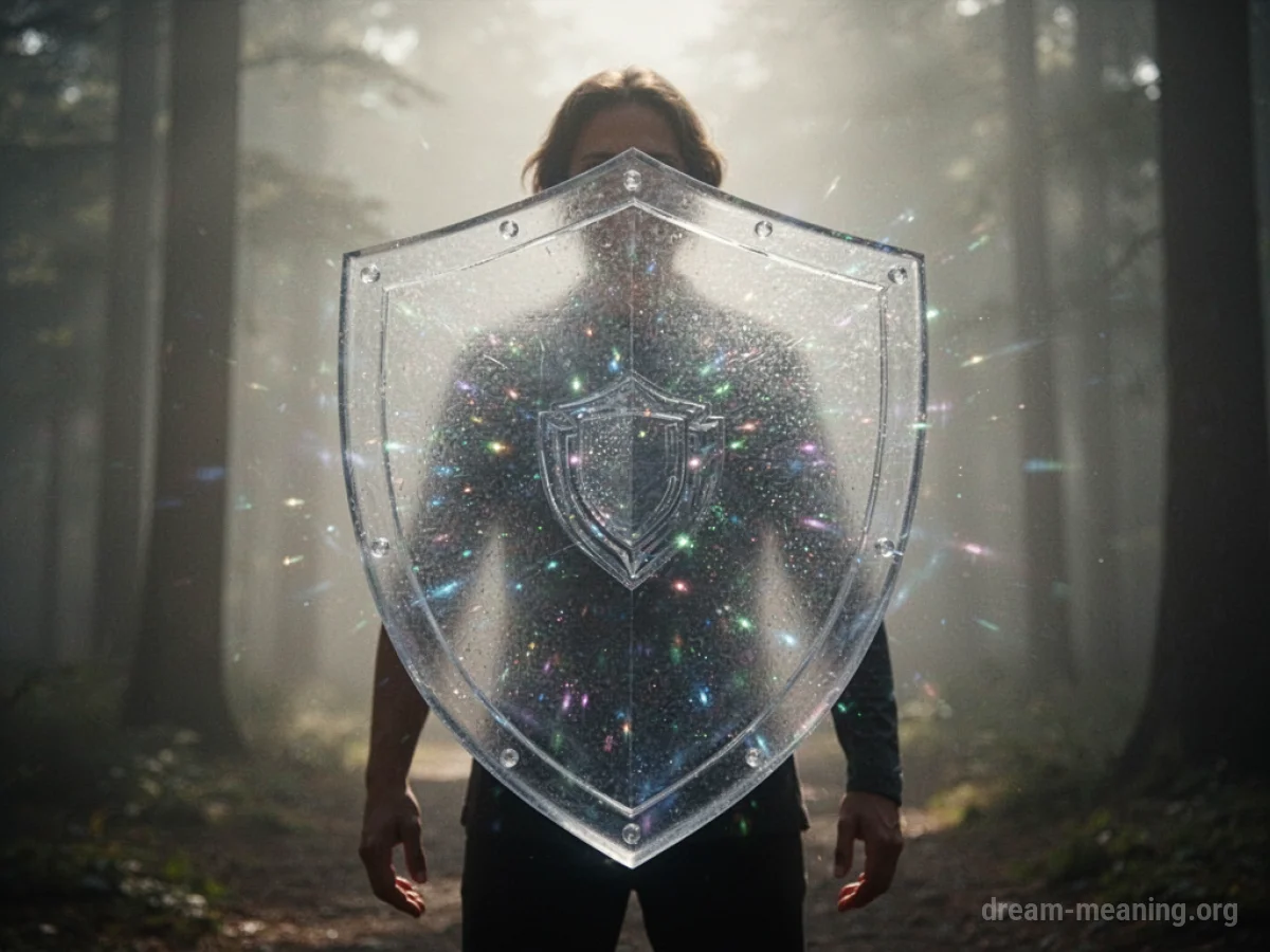 A glowing, semi-transparent shield in front of a dark silhouette.