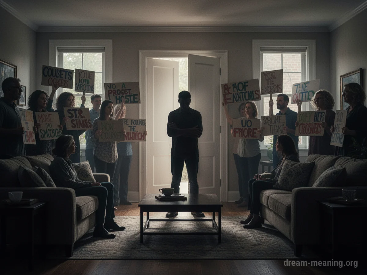Silhouettes of people holding signs in a domestic interior setting.
