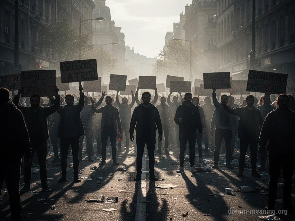 Silhouettes of a crowd with signs, some figures moving erratically.