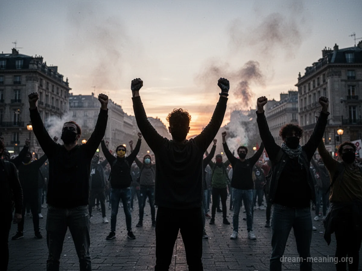 Silhouettes of a crowd protesting in a city square.