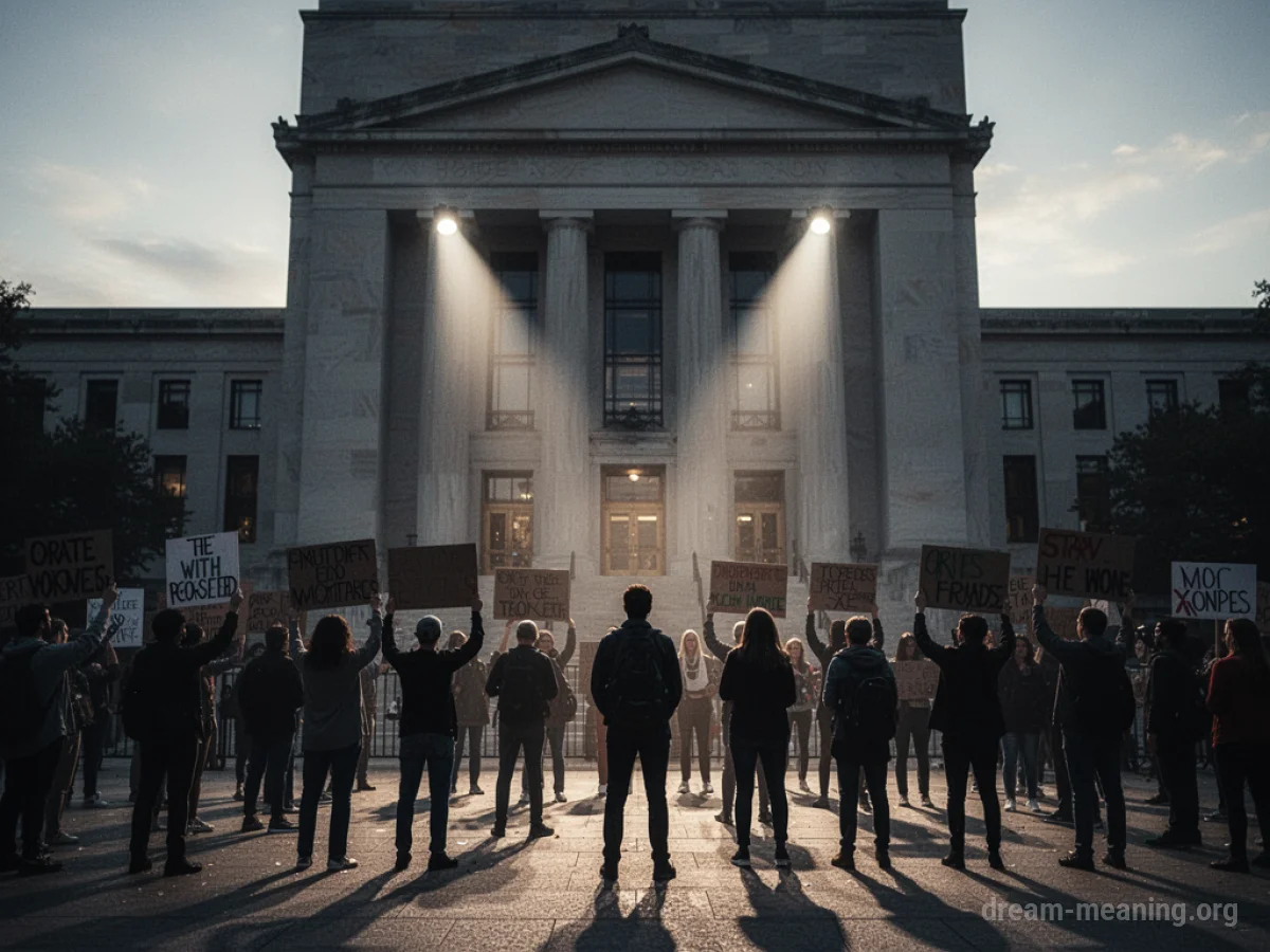Silhouettes of people holding signs in front of a large building.