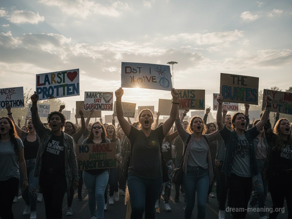 Silhouettes of a crowd of people holding signs and marching together.