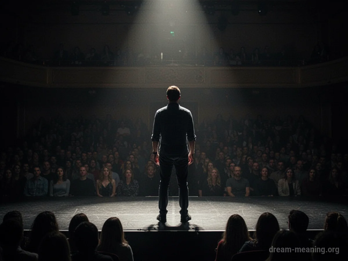 A lone figure stands on a stage, facing away from the viewer towards a shadowy crowd.