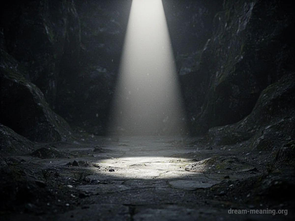 A single light beam illuminates a path in darkness.