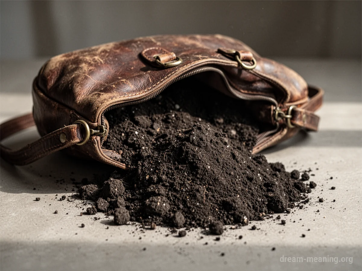 A leather purse with soil spilling out of it.