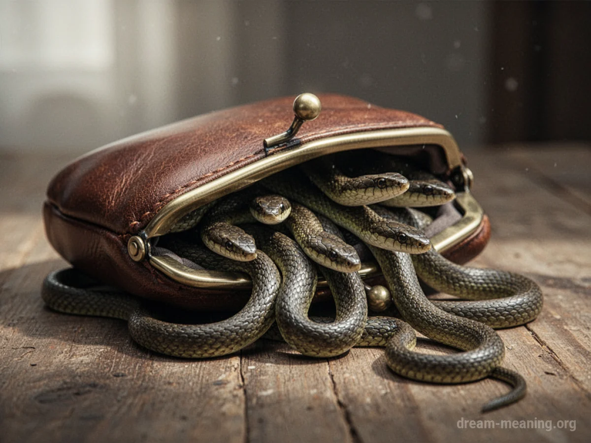 A leather purse with snakes emerging from its opening.