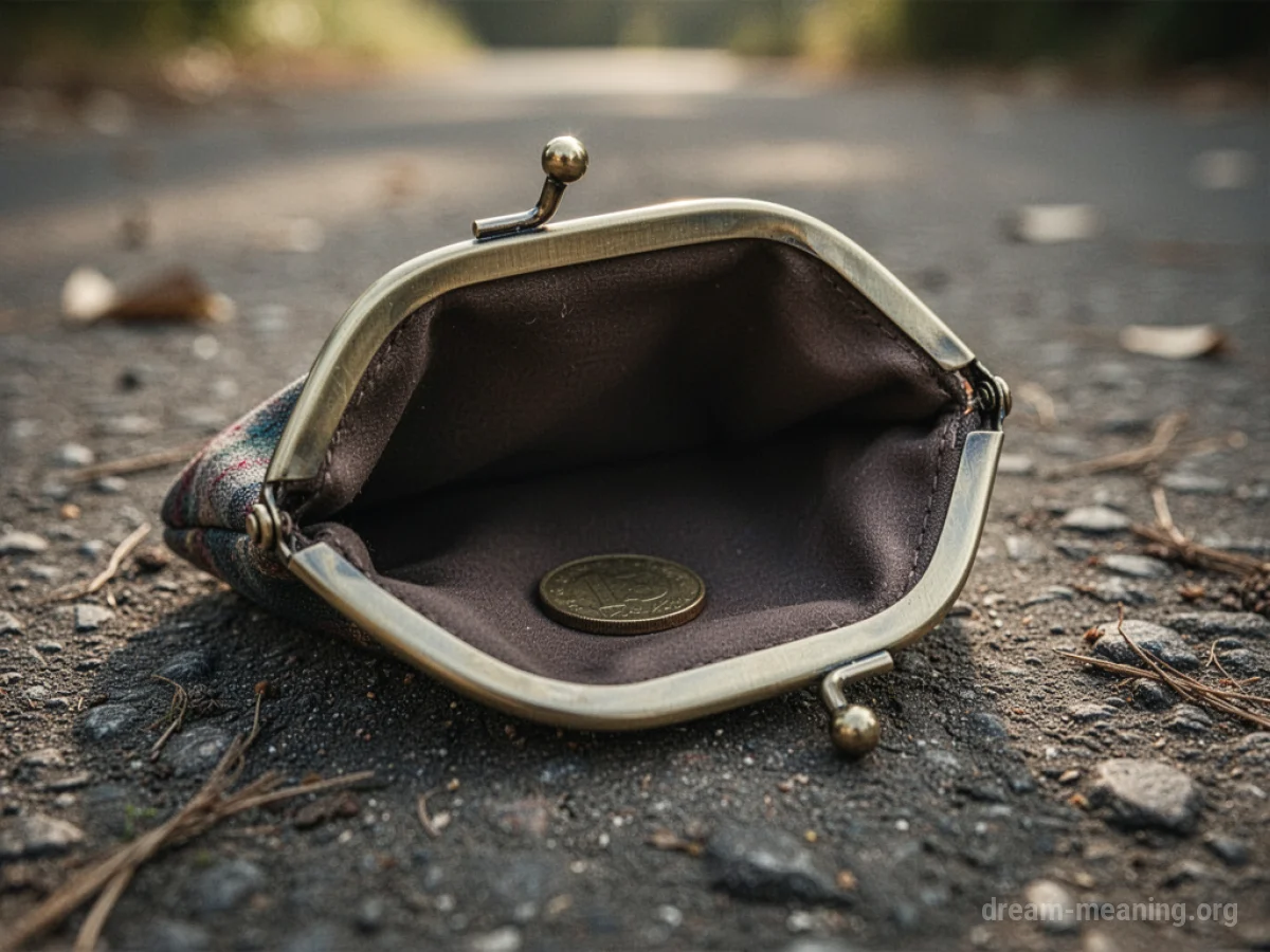An open purse lying on the ground with one coin inside.