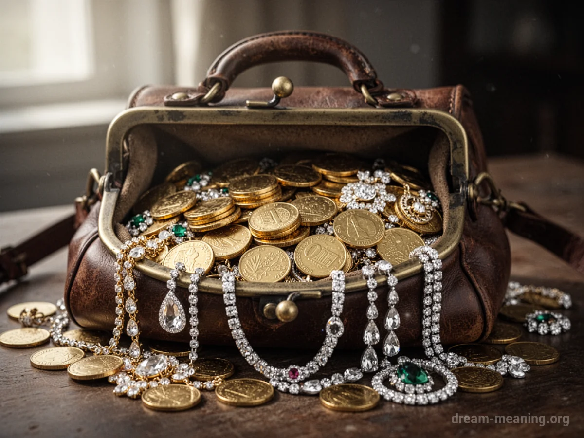 A leather purse spilling out gold coins and jewelry.