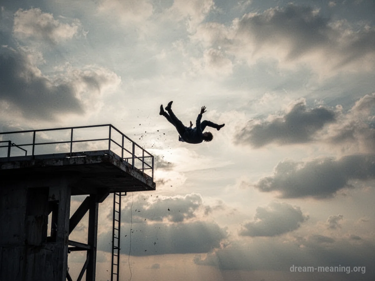 Silhouette of a person falling from a high platform.