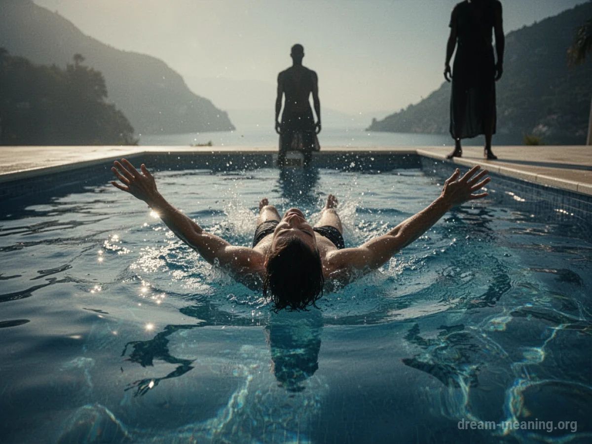 Person falling into a pool with a figure at the edge.