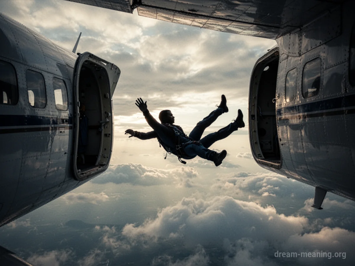 Silhouette of a person falling from an airplane.