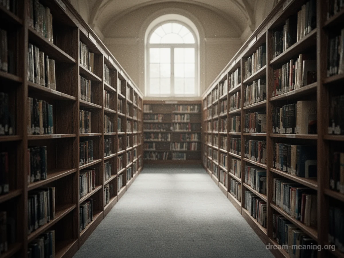 An empty aisle in a library with bookshelves on either side.