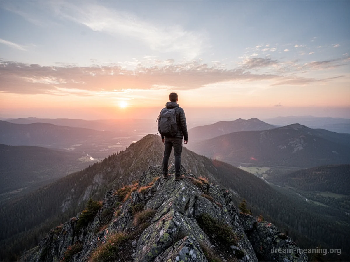 Silhouette of a person on a mountain summit with a sunrise in the background.