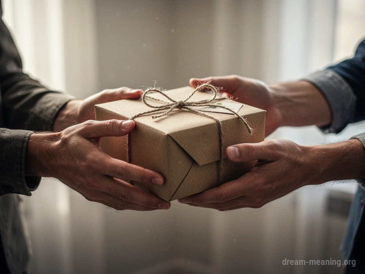 Hands reaching for a wrapped box.