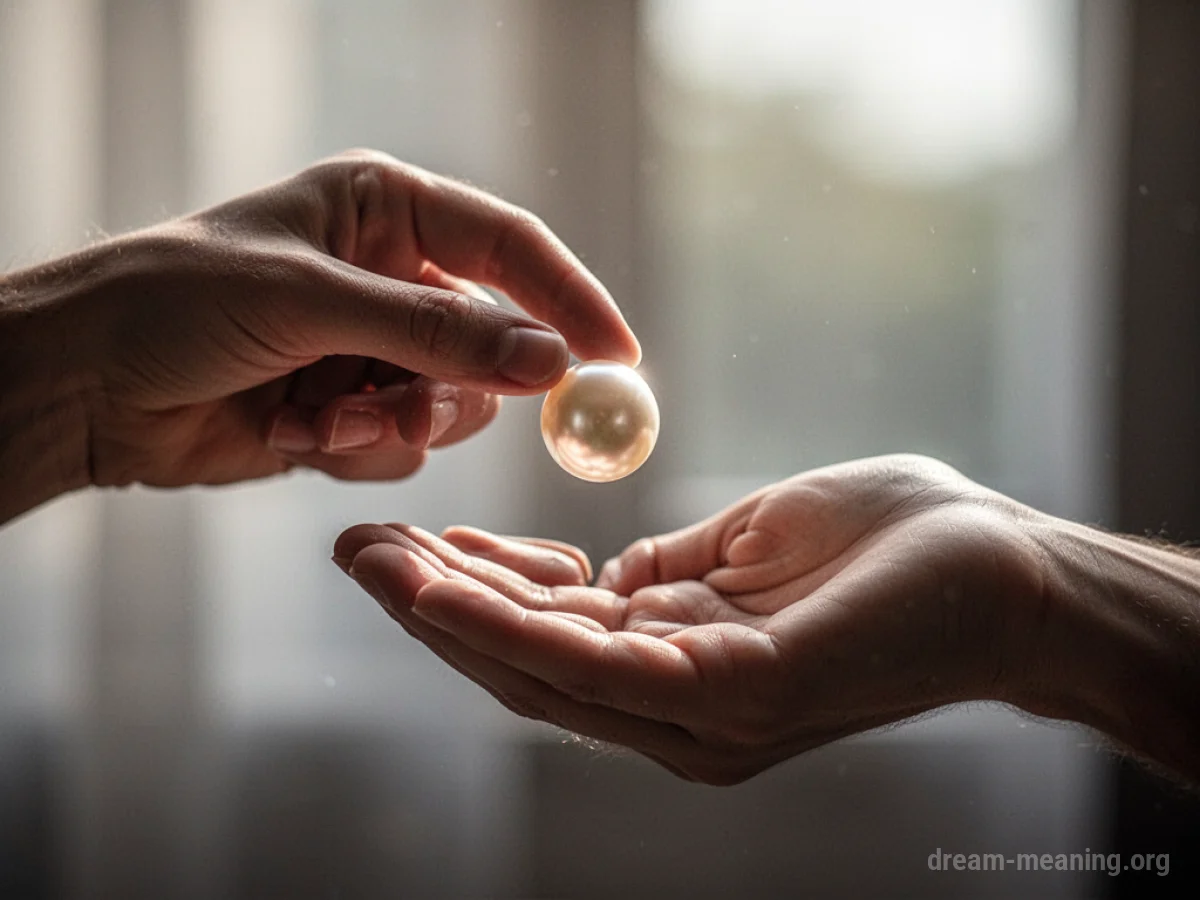 One hand holding out a pearl to another hand.