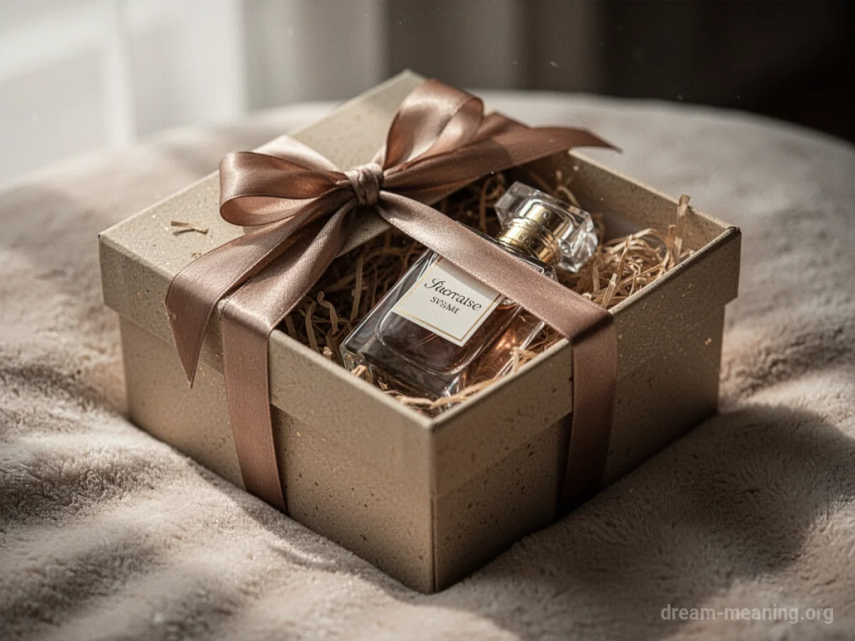 A closed gift box with a ribbon, and a corner of a perfume bottle showing.