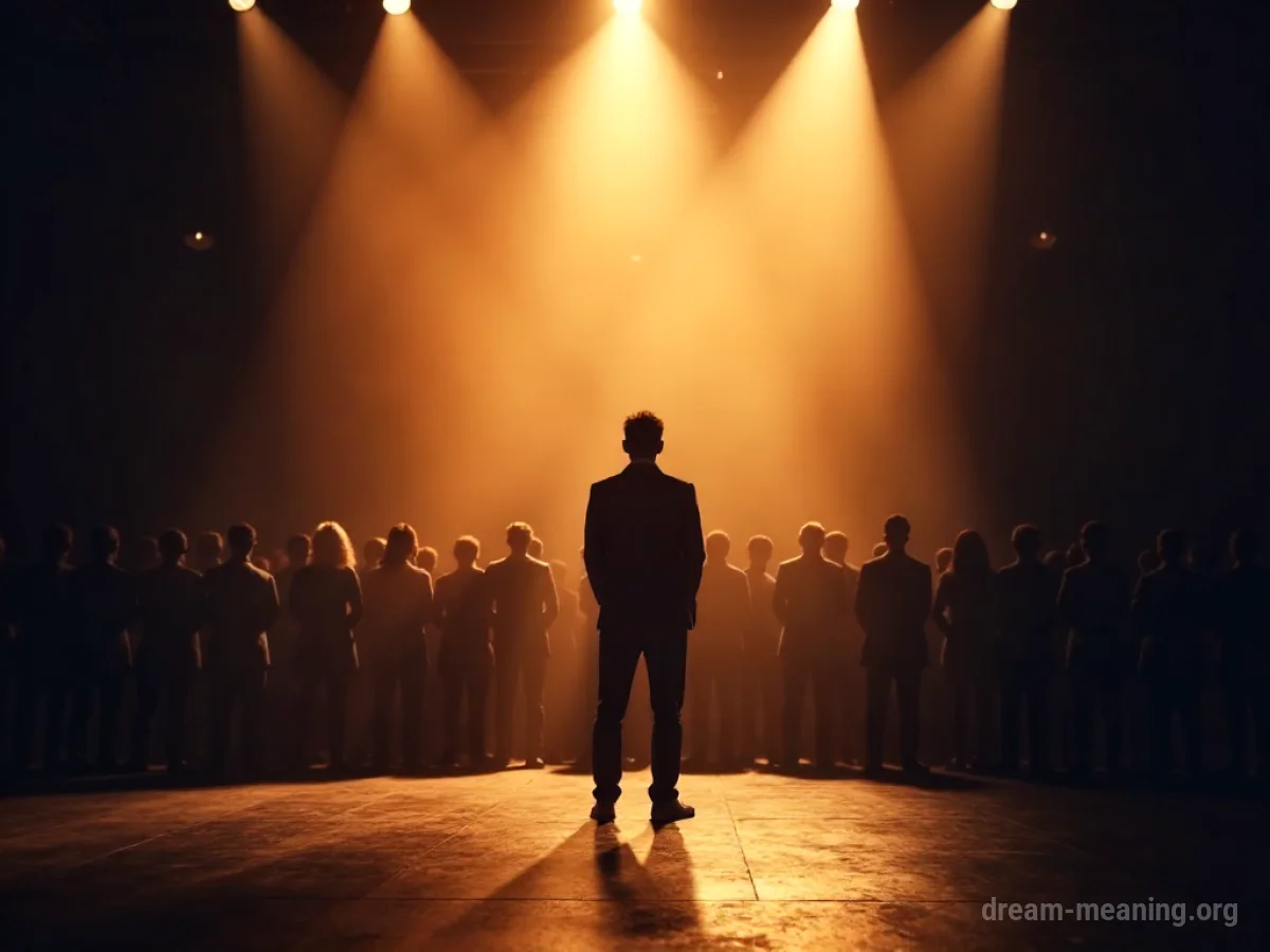 A person stands alone on a stage under a bright spotlight.