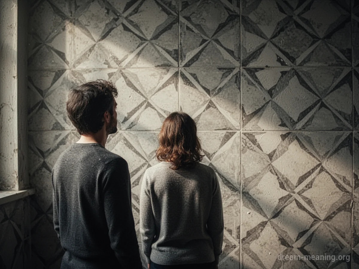 A person looking at a repeating geometric pattern on a wall.