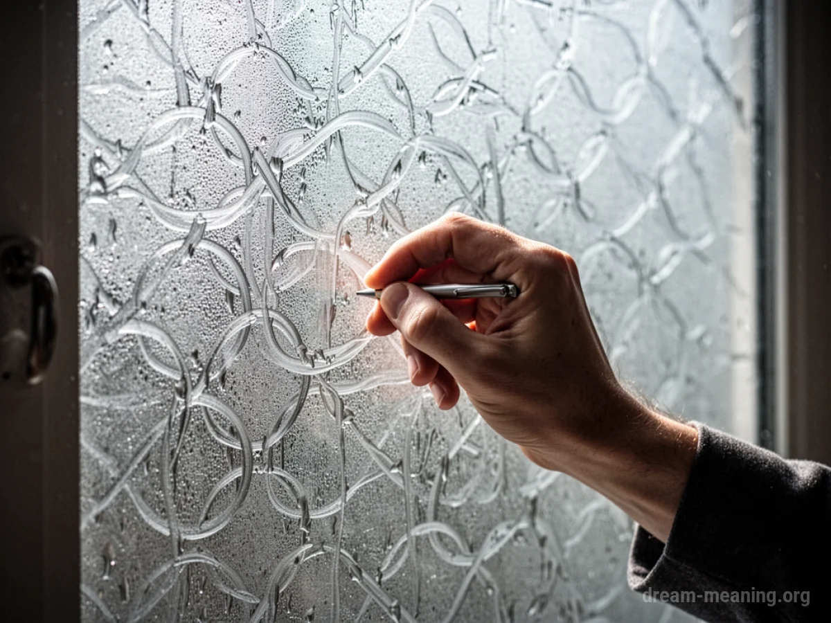 A hand tracing a repeating geometric pattern on a frosted window.