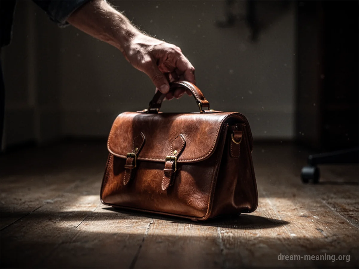 A hand retrieves a brown leather purse from a floor.