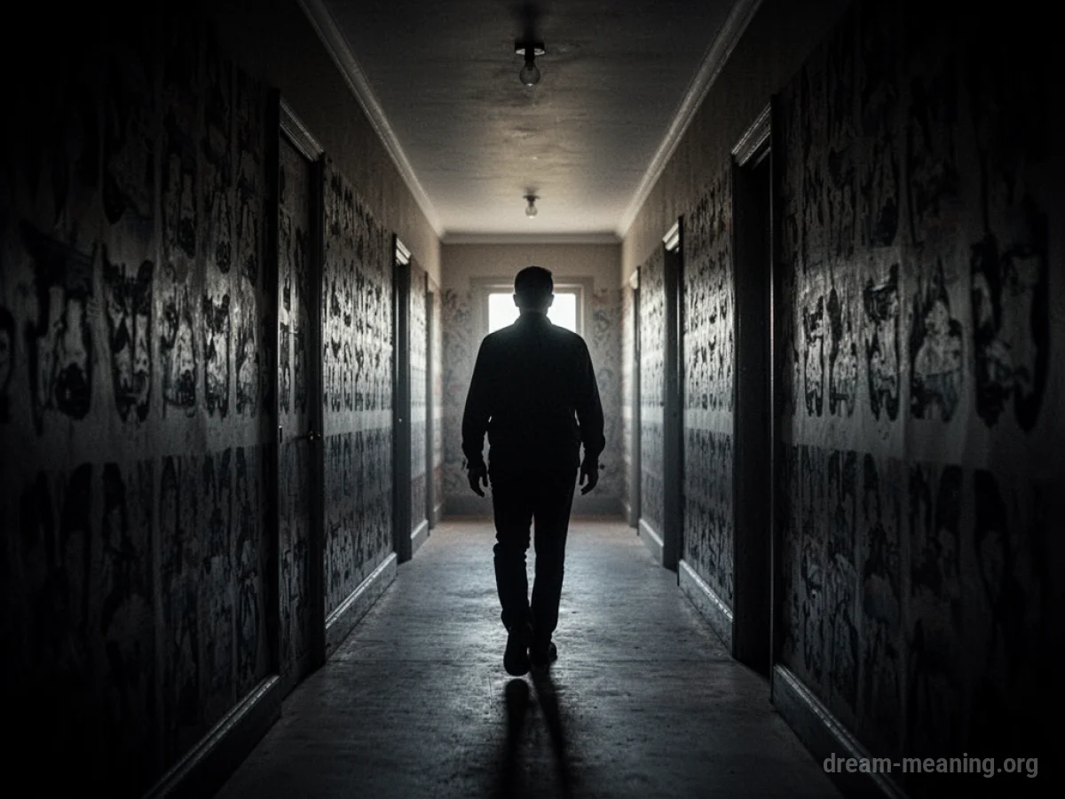 A figure walks down a long, dimly lit corridor with repeating patterns.